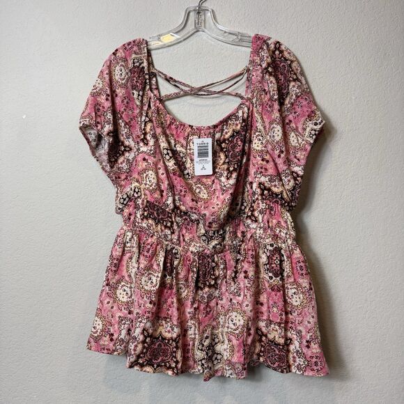 Torrid Washable Crinkle Gauze Cross Cross Back Plus Size Pink Top Square Neck 3X - Picture 7 of 14